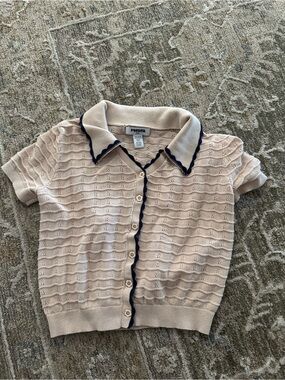 RSQ Beige Knit Button-Down Top with Navy Trim